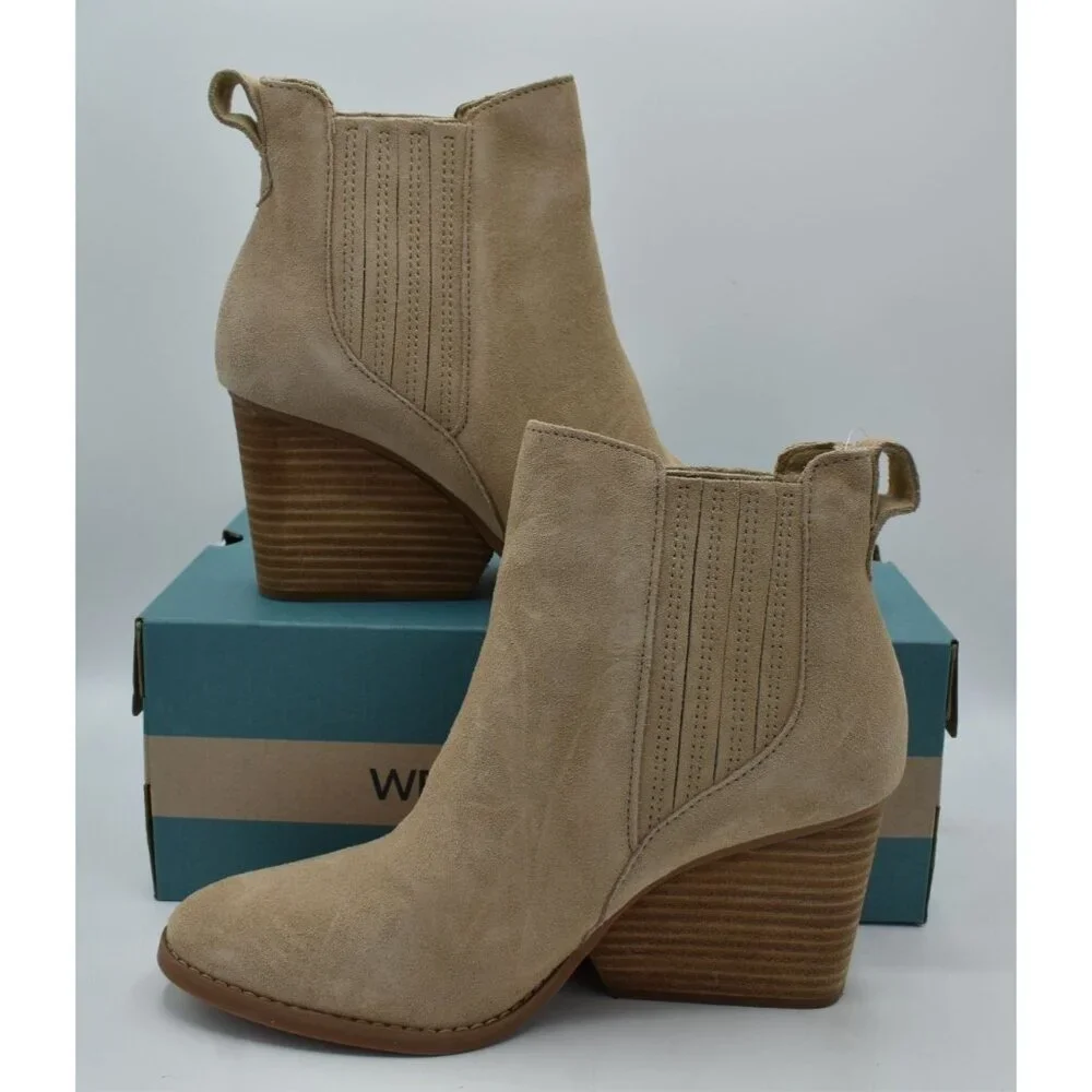 TOMS Womens 7 Noa Natural Suede Stacked Wedge Heel Western Booties Boots‎ Shoes